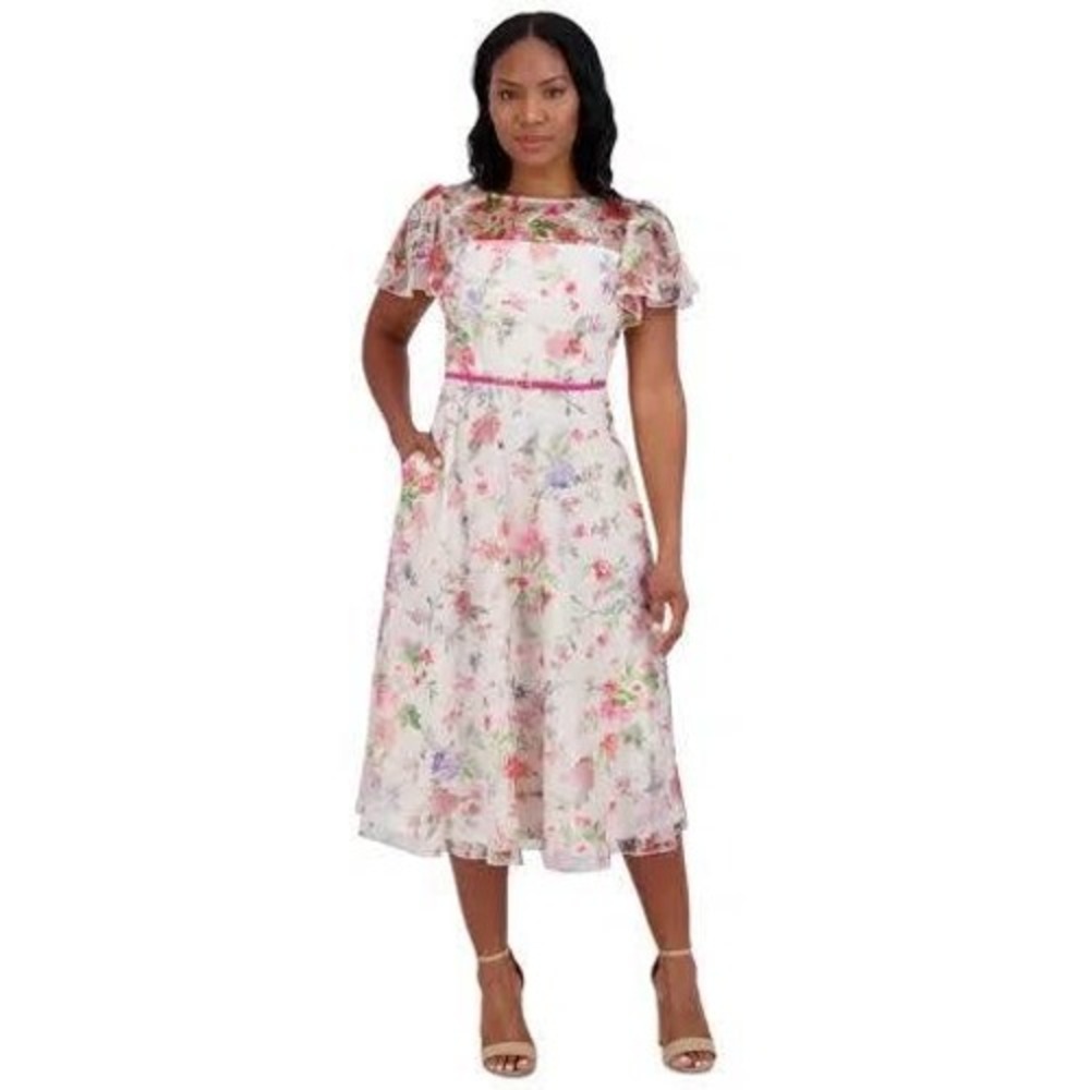 Eliza J Women Dress 2 Ivory Polyester Floral Lace Midi Belted Party Wedding